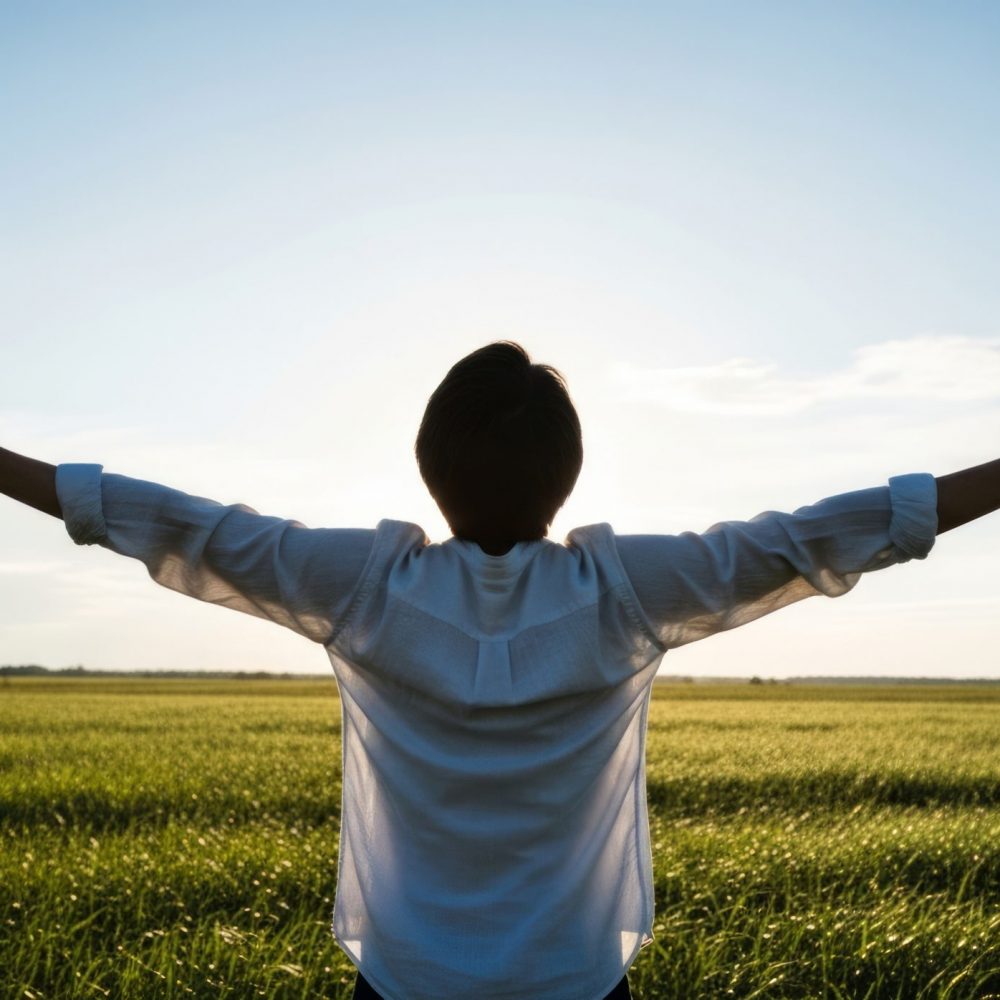 Woman embraces the sun with open arms in a vast green field at sunrise